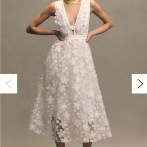 BHLDN White Floral Appliqué V-Neck Midi Dress